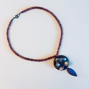 Artisan Red Pearly Beads Necklace with Silver Flower Beaded Pendant